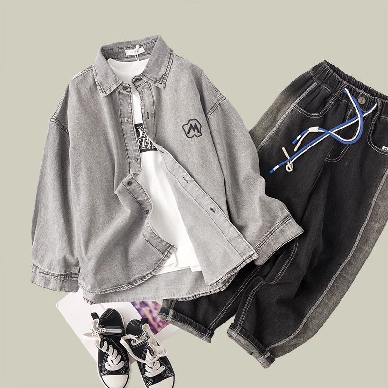 吴小越w1049男童牛仔外套同学痞帅男孩春装新款衬衣版型秋款大童