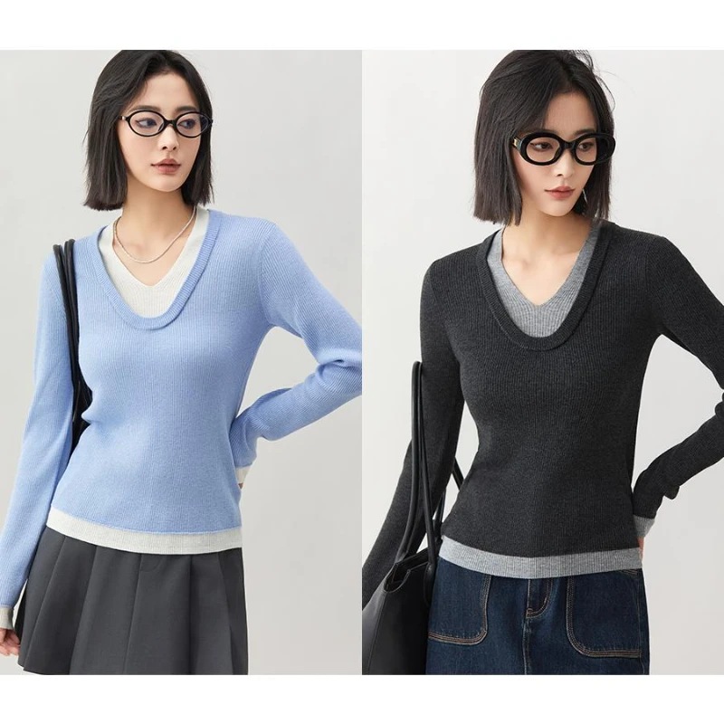 K姐KSOEUR【叠穿小调】 美丽诺羊毛 撞色V领拼接假两件针织衫