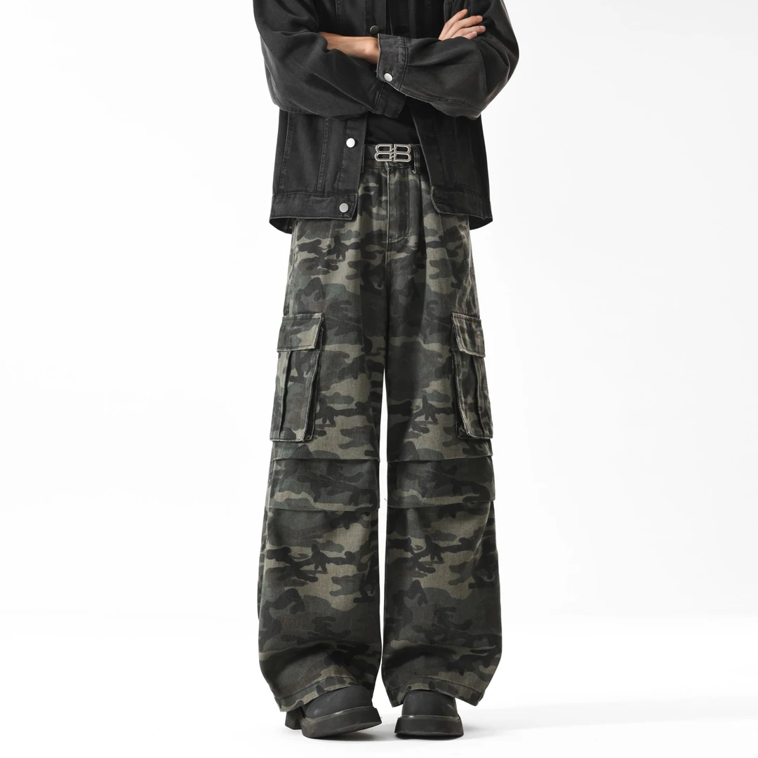 美式vintage工装迷彩裤男款秋冬户外休闲加绒牛仔裤潮牌vibe裤子