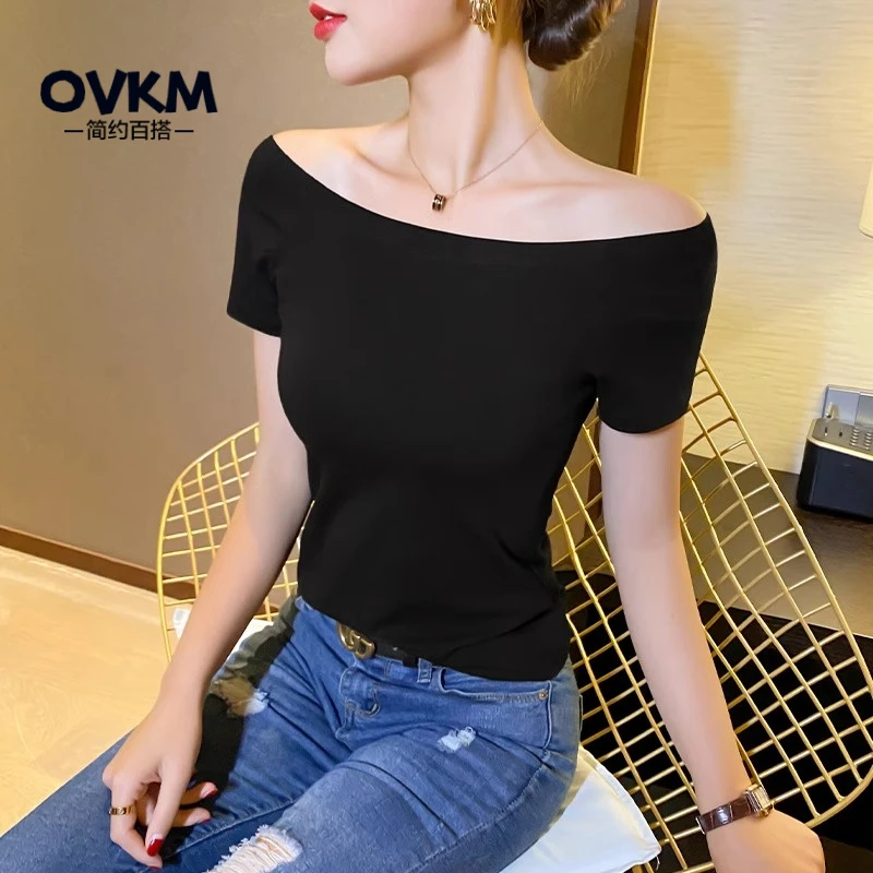 OVKM黑色短袖t恤女2025夏季新款低领设计感打底衫棉质别致一字领