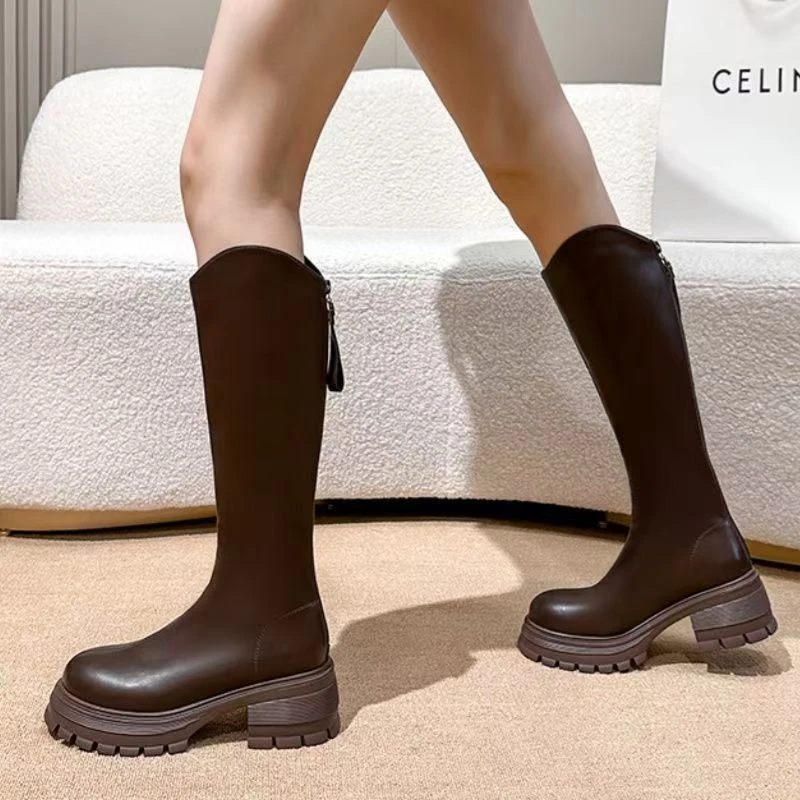 品牌鞋厚底v口长筒靴2025新款秋冬季复古英伦骑士靴高筒显瘦靴女