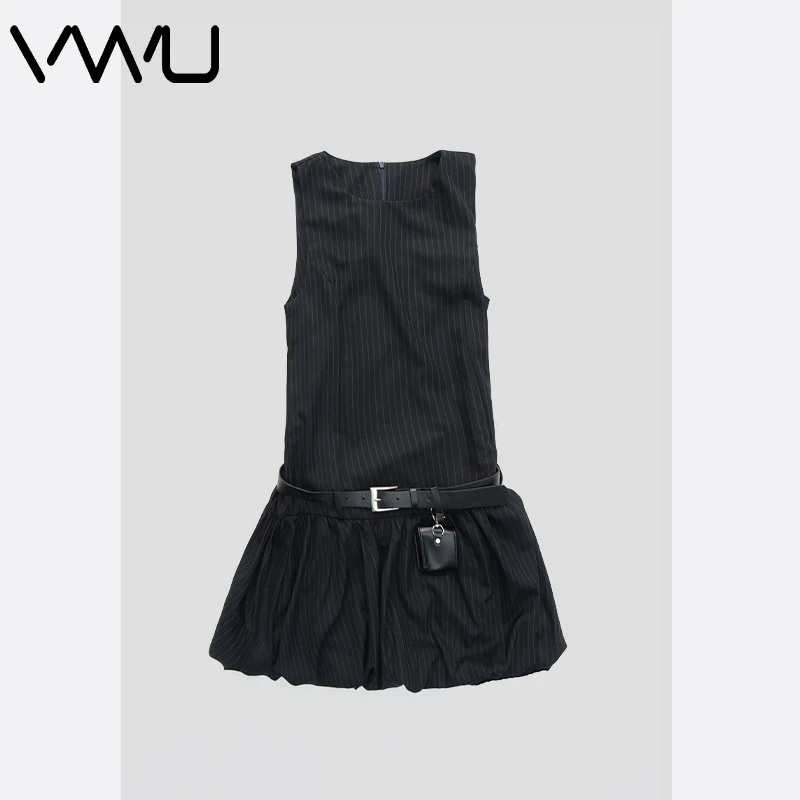 VWU 夏季新款配腰带高级感无袖背心连衣裙收腰显瘦蓬蓬花苞短裙女