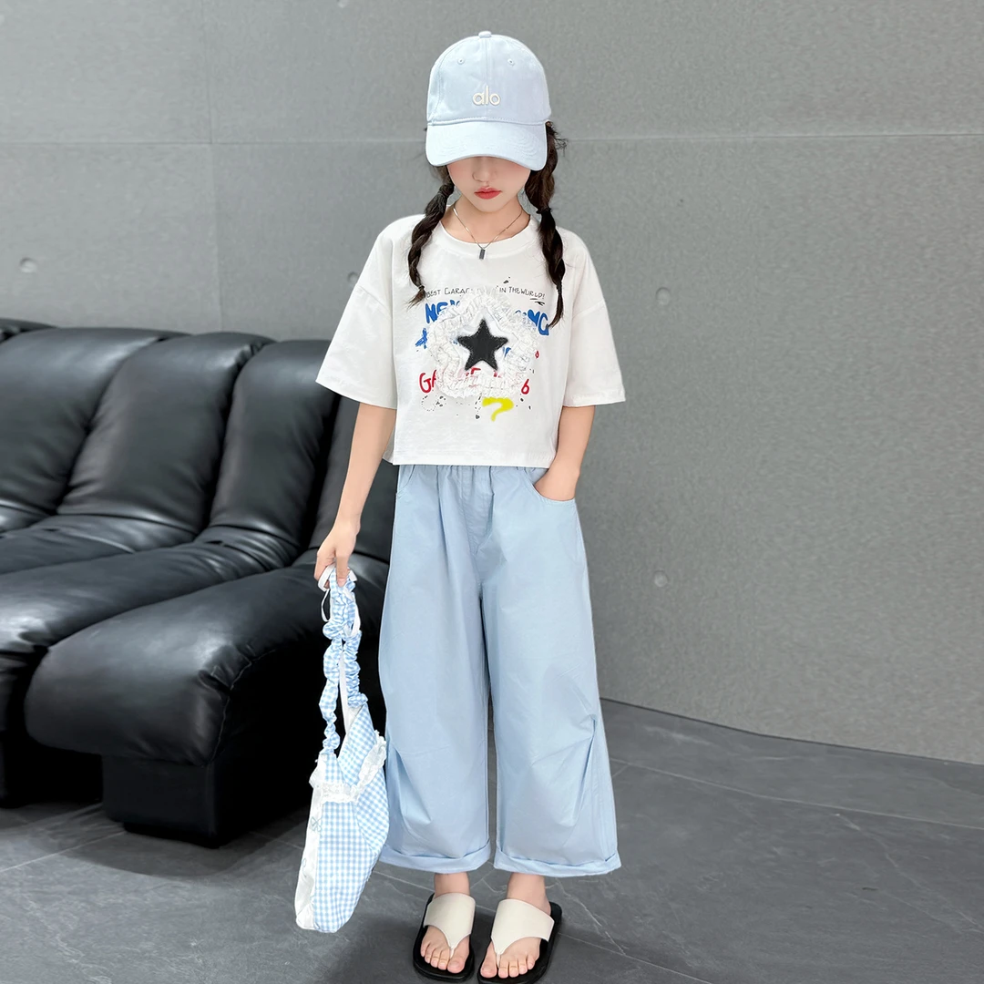 女童夏装套装2025新款中大童短袖上衣儿童花边五角星九分裤两件套