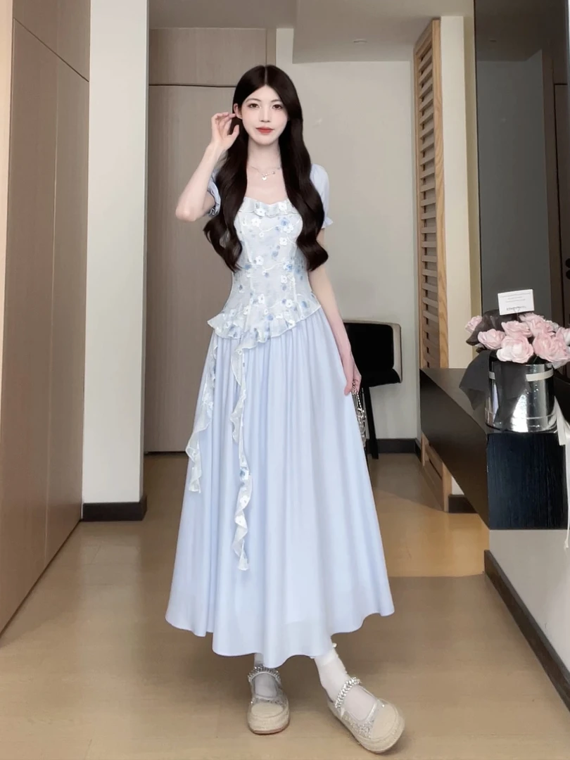 松本丧丧蓝色网纱花朵假两件气质感收腰显瘦度假连衣裙B251Q0858