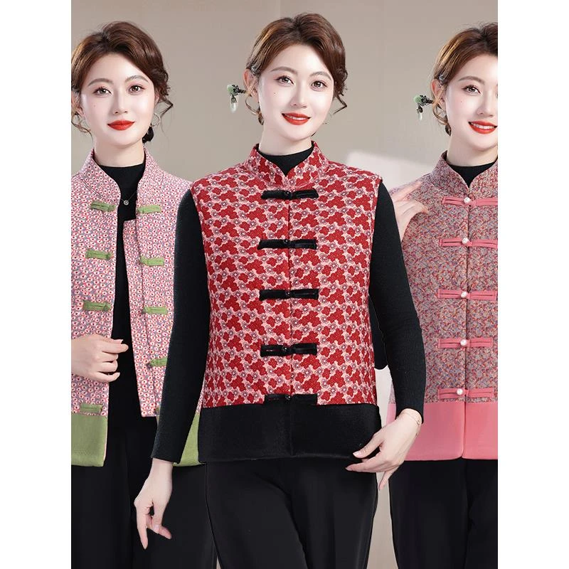 妈妈新款中式碎花马甲中老年女装奶奶秋冬加厚坎肩盘扣保暖背心