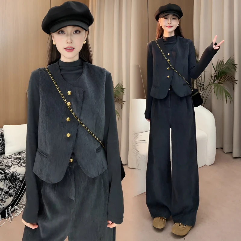 官图 休闲马甲阔腿裤套装春秋老钱风三件套ootd穿搭大方得体减龄