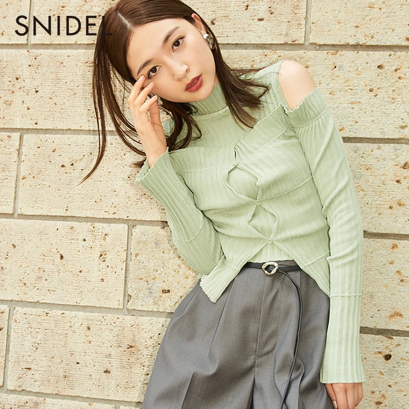 SNIDEL秋冬纯色高领针织上衣露肩开衫两件套SWNT234181