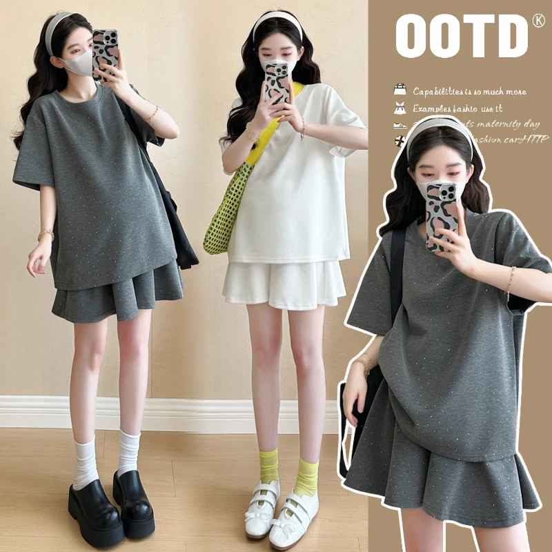 孕妇夏装2025新款套装时尚短袖上衣女夏季孕妈妈高级感穿搭两件套