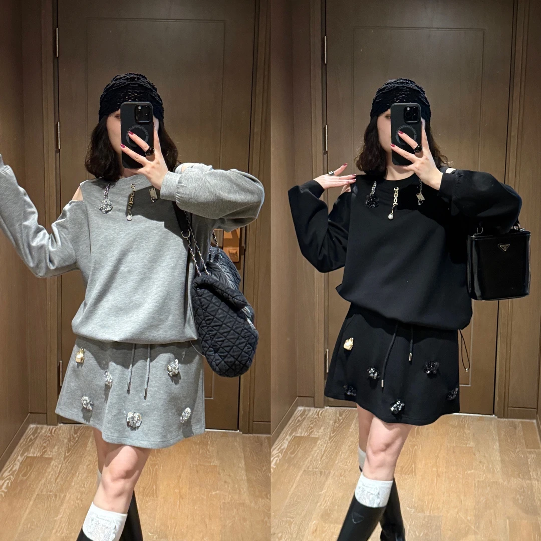 YDFSTUDIO小众【落日浪漫】欧货设计感立体装饰露肩上衣+半身裙套装