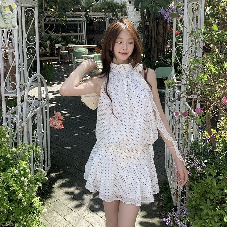 法式连衣裙挂脖白连衣裙女显瘦裙子白色夏季吊带裙波点蕾丝气质