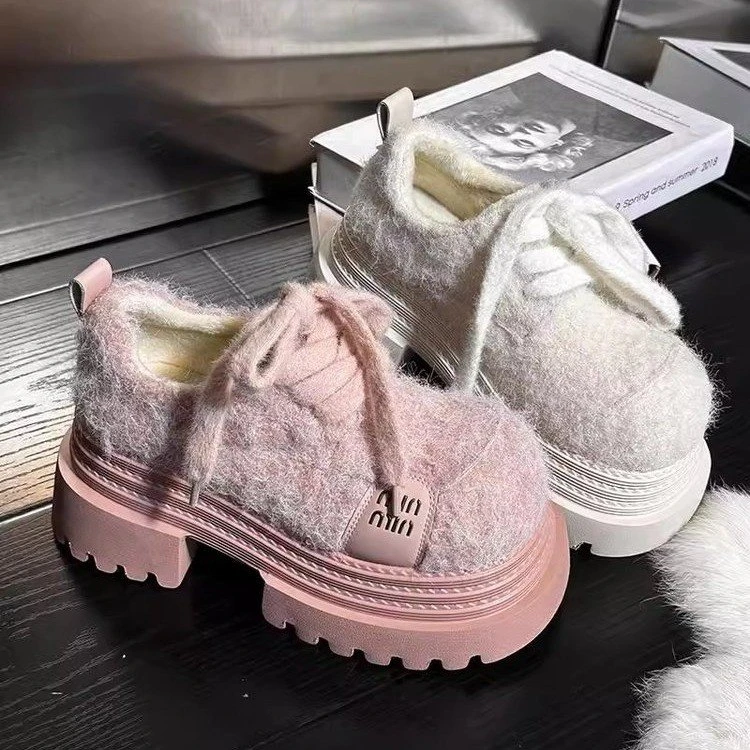 欧货大头系带松糕厚底乐福鞋女百搭小个子增高休闲毛毛女鞋