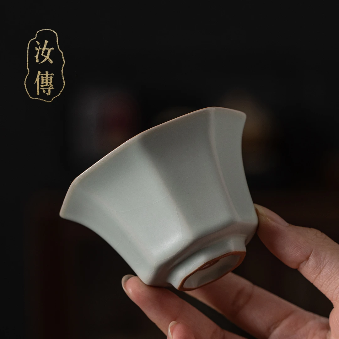 汝窑八方杯100ml主人杯茶杯单杯复古茶盏陶瓷汝瓷品茗杯开片可养