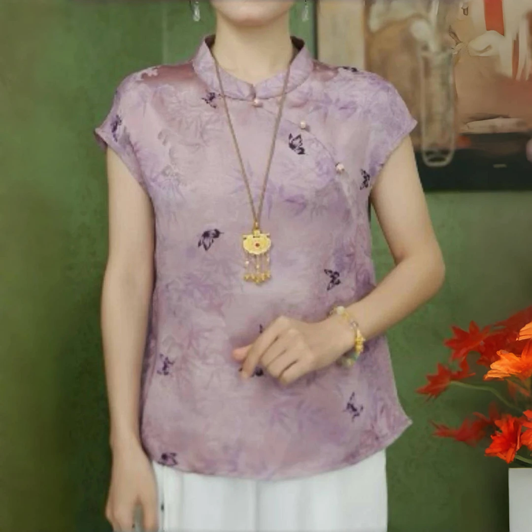 新中式国风印花斜襟气质夏季女士衬衫洋气复古禅意上衣