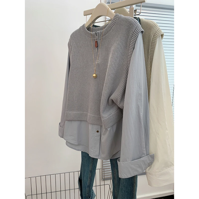 灰色长袖衬衫拼接针织衫宽松慵懒风中长款上衣女士高级感轻奢减龄