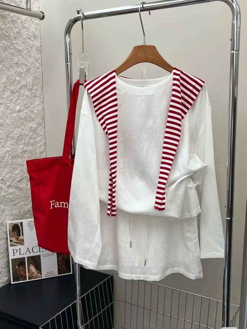 时尚套装女夏季2025新品百搭条纹披肩薄款防晒T恤短裙两件套