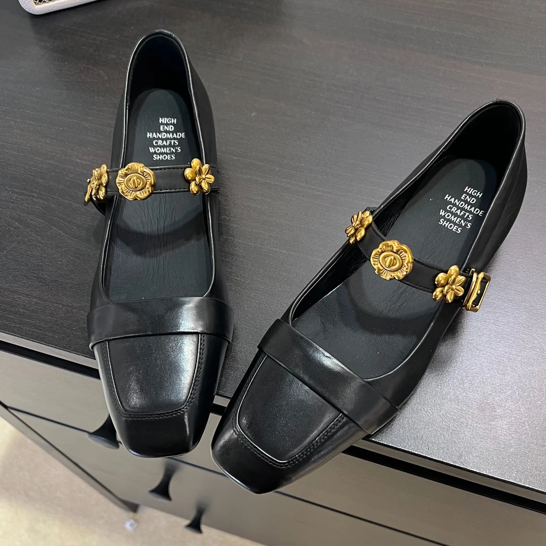 欧洲站真皮方头女士单鞋气质法式复古粗跟玛丽珍通勤小皮鞋9273