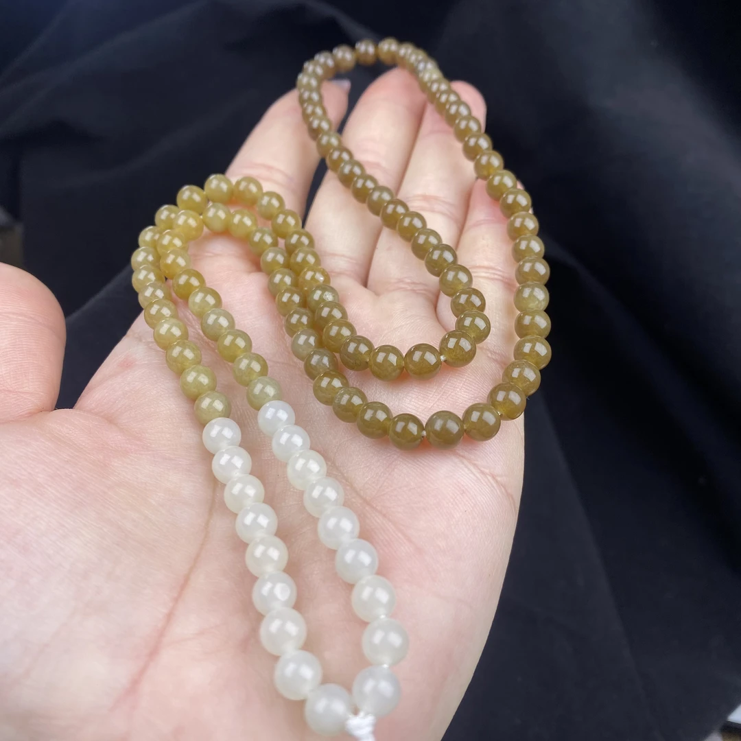 和田玉且末糖白渐变卡6mm珠链吊坠挂绳项链牌子挂链