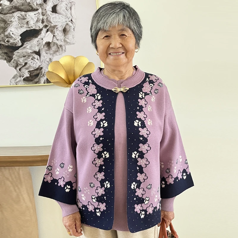 妈妈装秋装气质外套女新款中老年针织两件套开衫奶奶上衣洋气套装