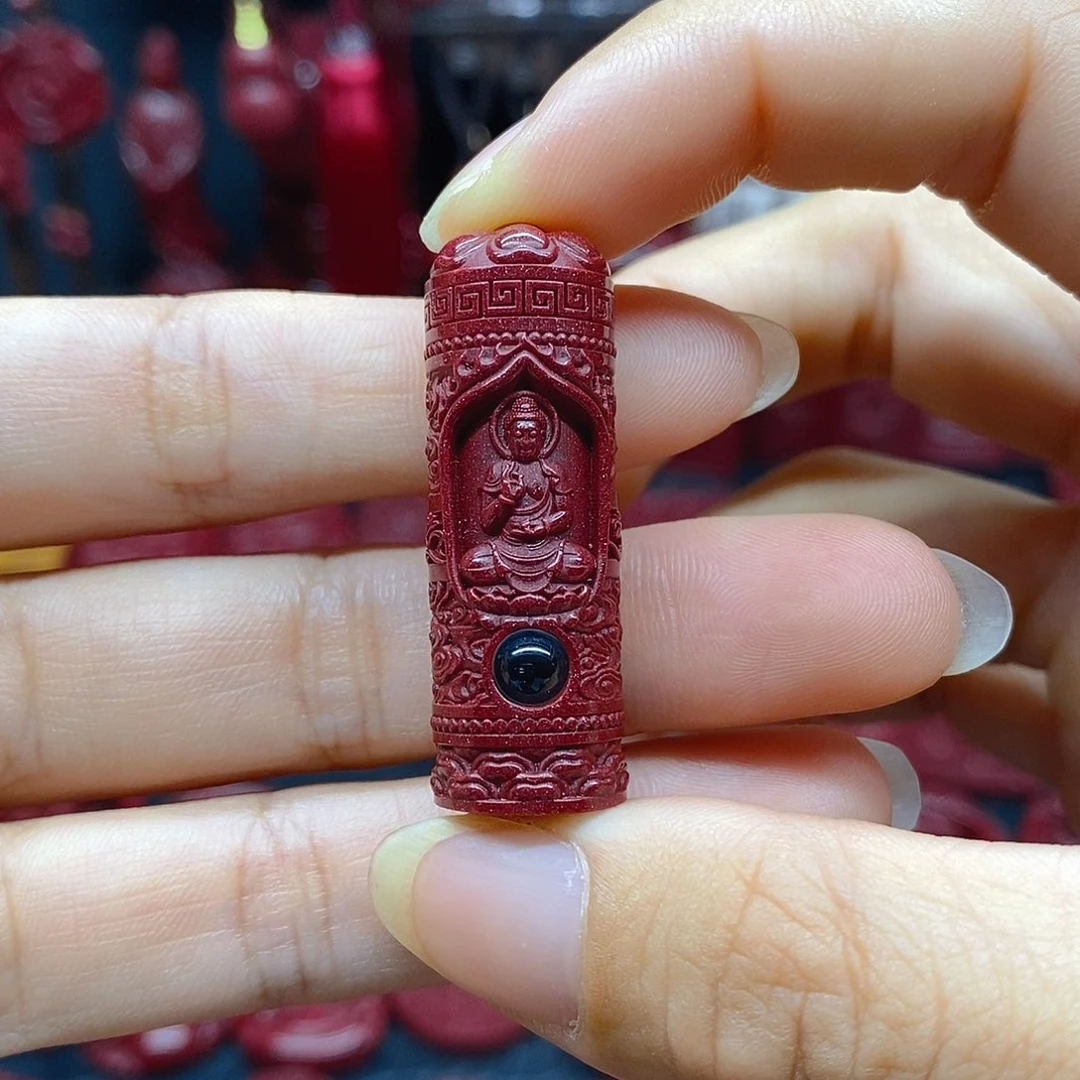 天然辰砂圆柱体投影大势至吊坠