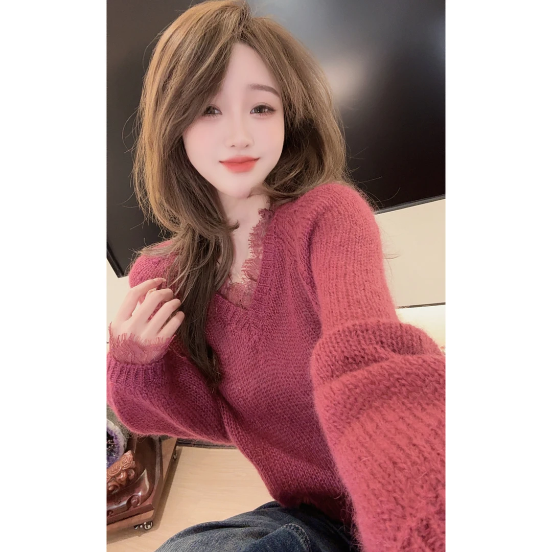 【陈陈私服】洋气设计感蕾丝拼接长袖针织衫气质女人味毛衣25112014