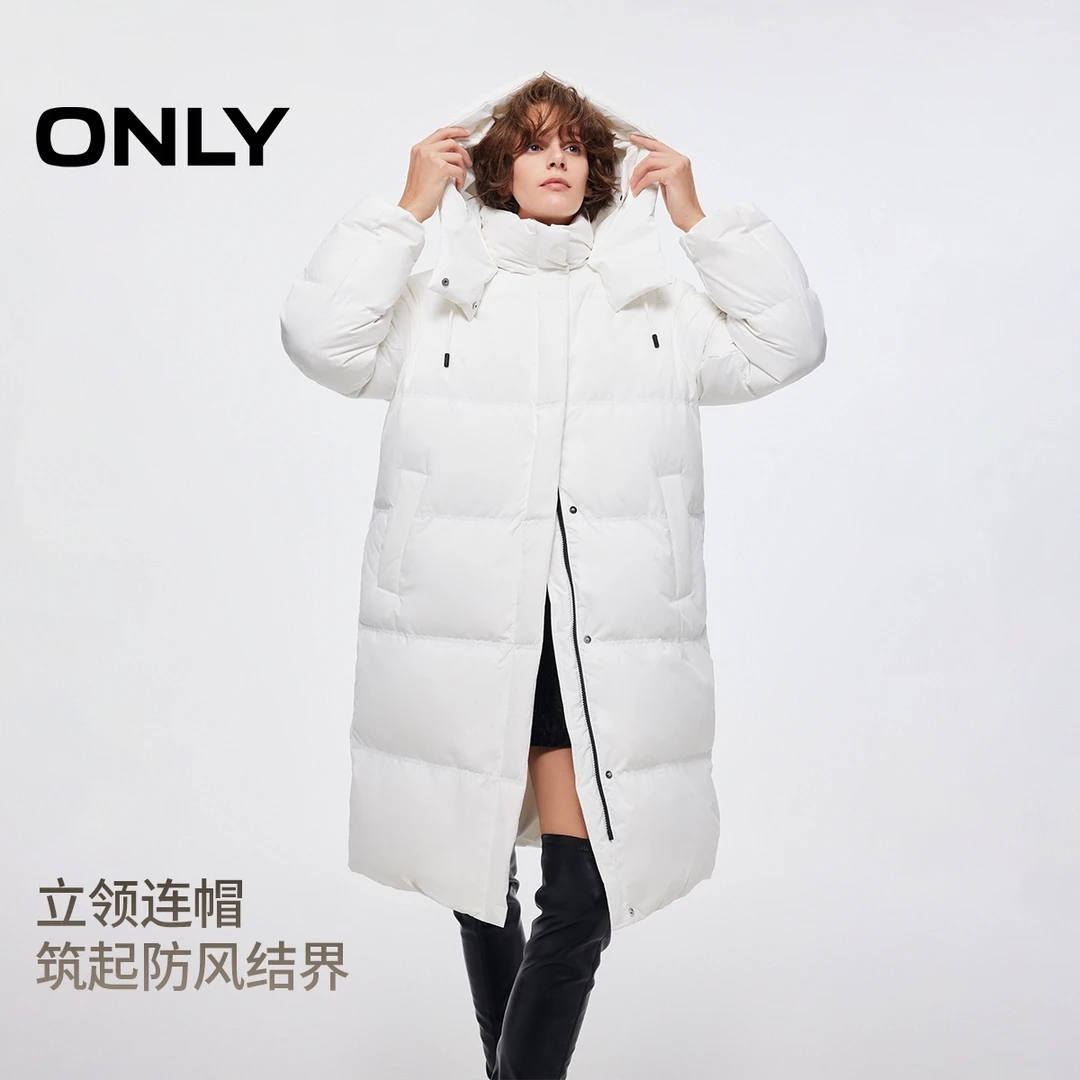 ONLY2025冬季新款90白鸭绒立领连帽中长款羽绒服女|125412014