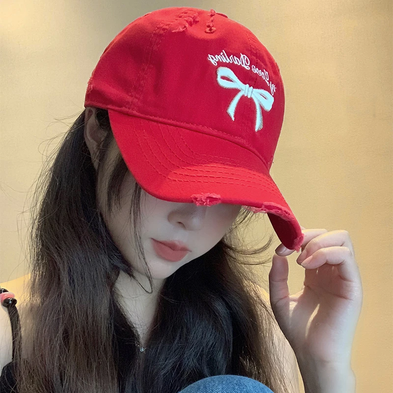 韩式ins蝴蝶结破洞鸭舌帽子女夏大头围遮阳显脸小软顶棒球帽红色