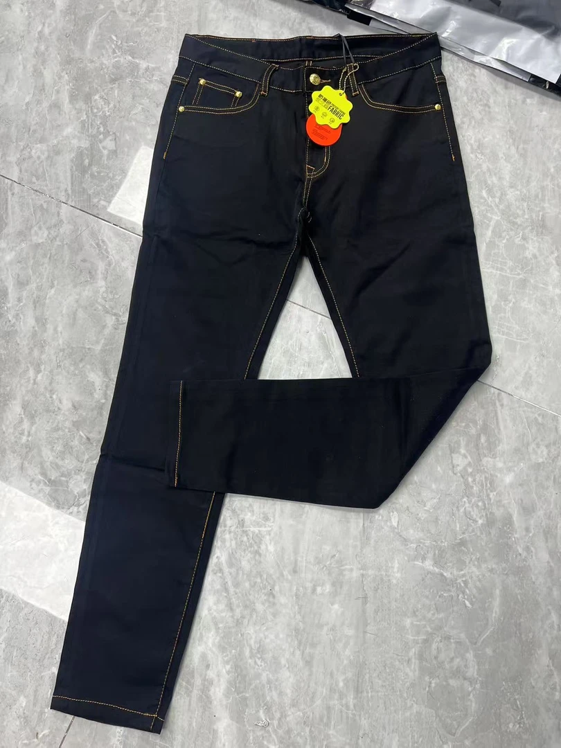 精梳棉双股纱防褪色永久黑夏季薄款修身小脚男士牛仔裤