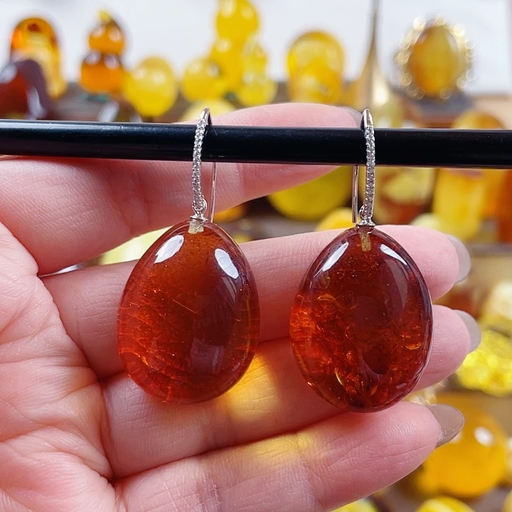 琥珀银S925镶嵌裸石耳环