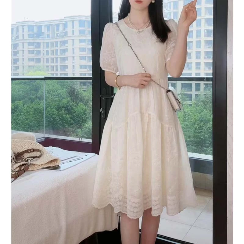 法式温柔风短袖连衣裙女2025夏季显瘦气质时尚中长款收腰白色裙子