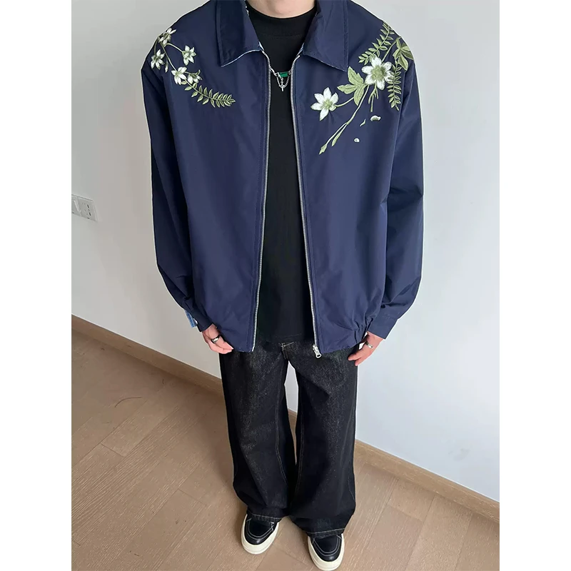 美式花卉刺绣格子双面穿外套男款设计感宽松休闲cleanfit短款夹克