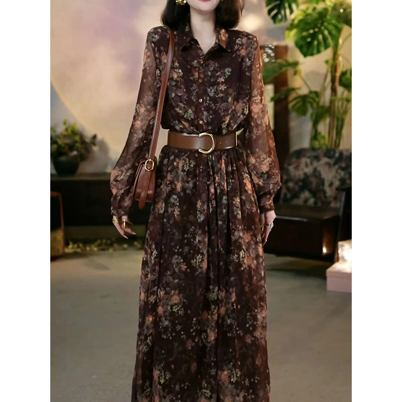 送腰带!复古碎花长袖连衣裙2025春季新款高级感气质减龄显瘦A字裙