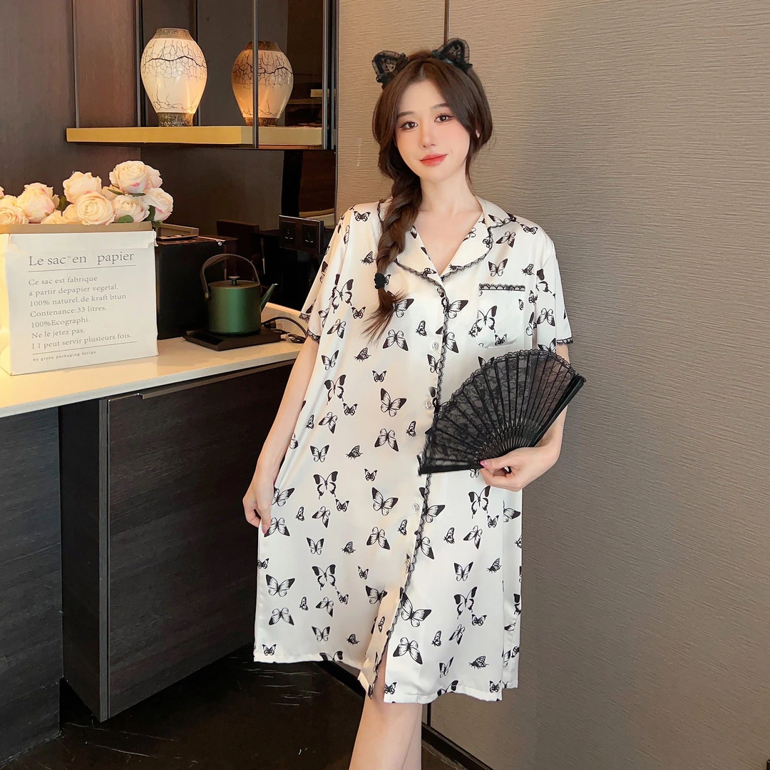 衬衫裙短袖大码薄款透气中长裙睡裙韩版夏季简约