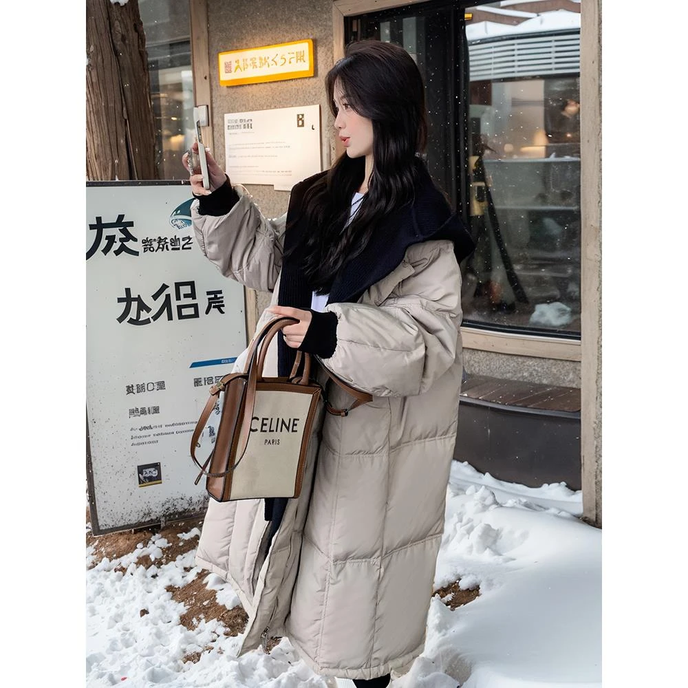 卡其色假两件羽绒服女冬2025新款韩系时尚设计感宽松白鸭绒面包服
