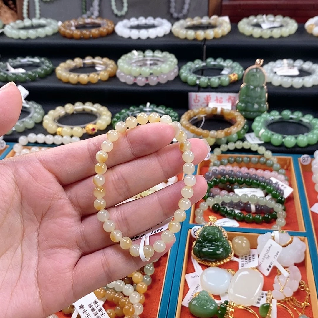 和田玉手链 6MM未镶嵌夏**夏且末金山糖白