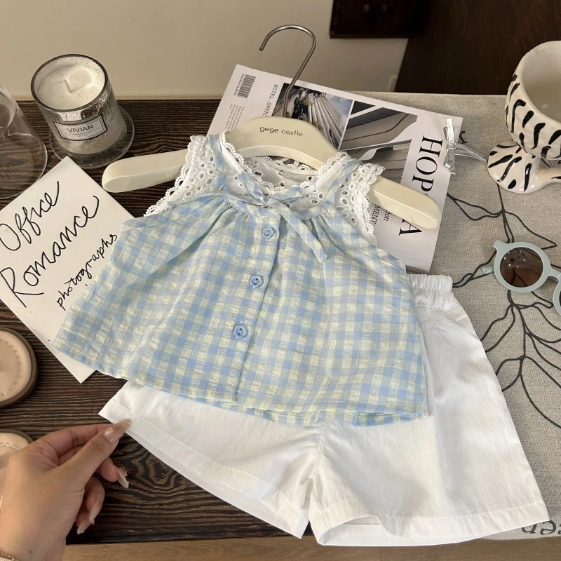 短裤白色镂空儿童潮背心两件套新款韩版女童格子百搭童装夏季2025