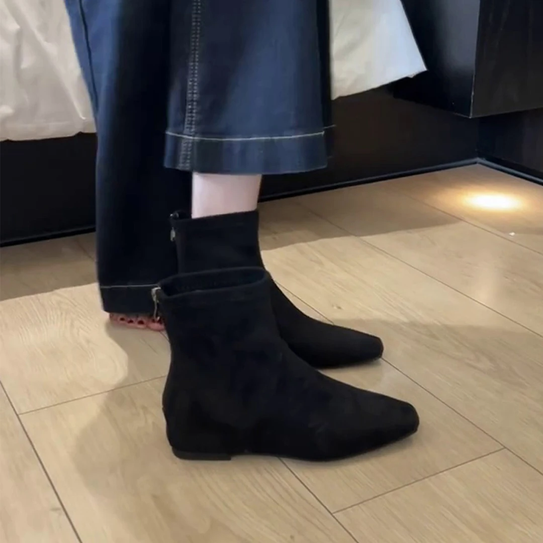 羊皮版~复古绒面内增高弹力瘦瘦靴后拉链通勤气质方头显瘦短靴女