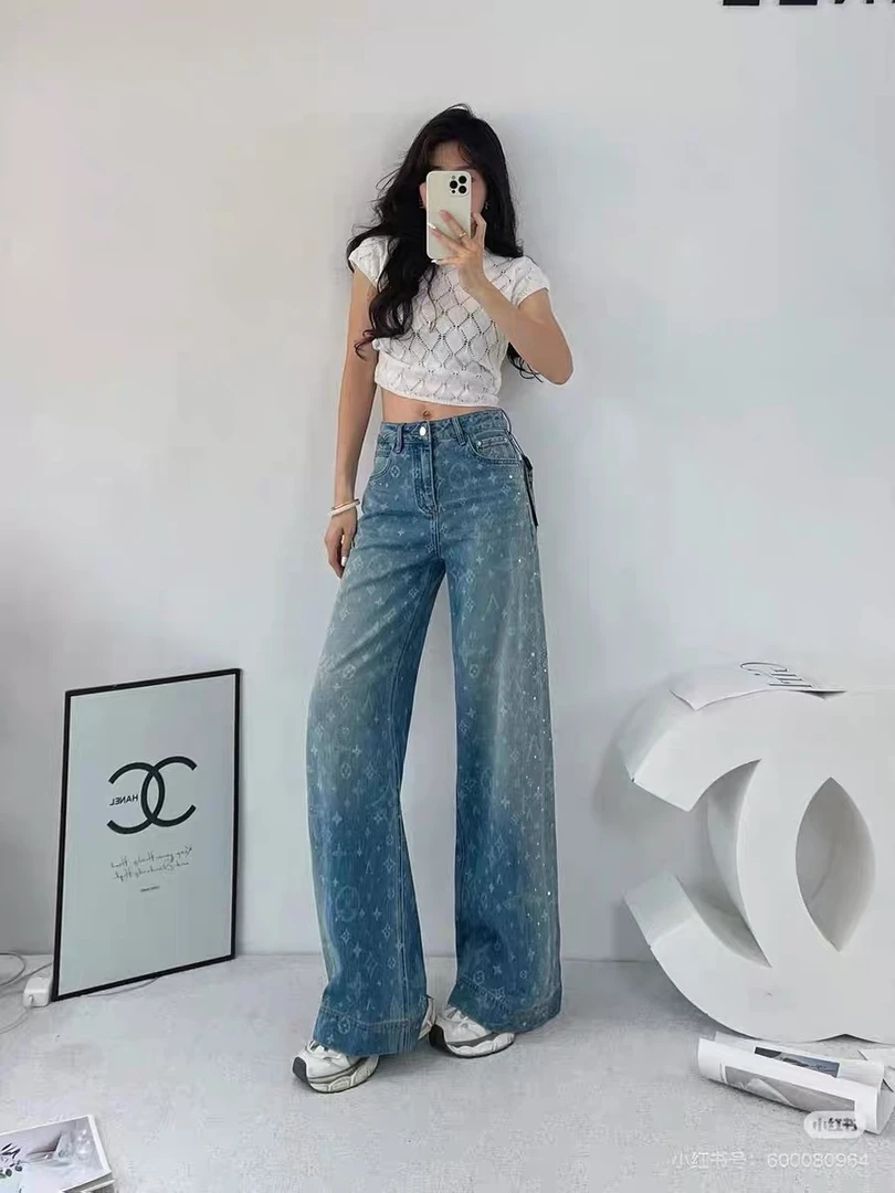 欧洲站2025春款轻奢重工烫钻高腰阔腿裤牛仔裤显瘦拖地裤直筒裤女