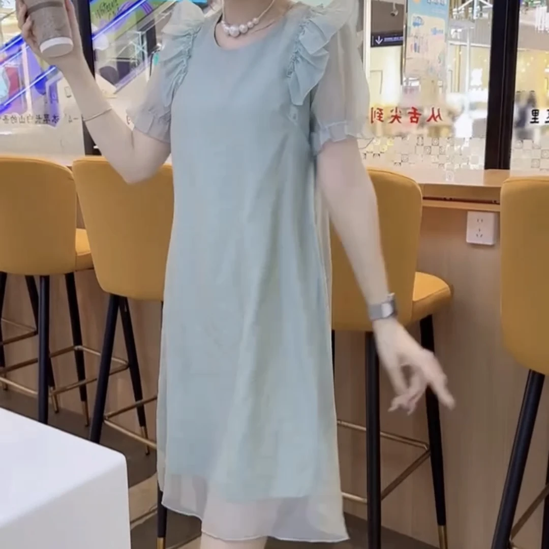 夏季法式时尚圆领短袖连衣裙显瘦遮肚气质百搭裙子