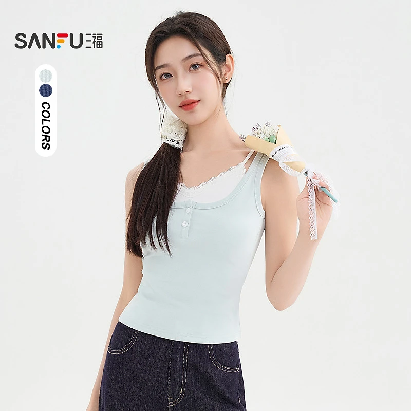 三福背心2025夏季蕾丝吊带假两件合身时尚上衣女装501554