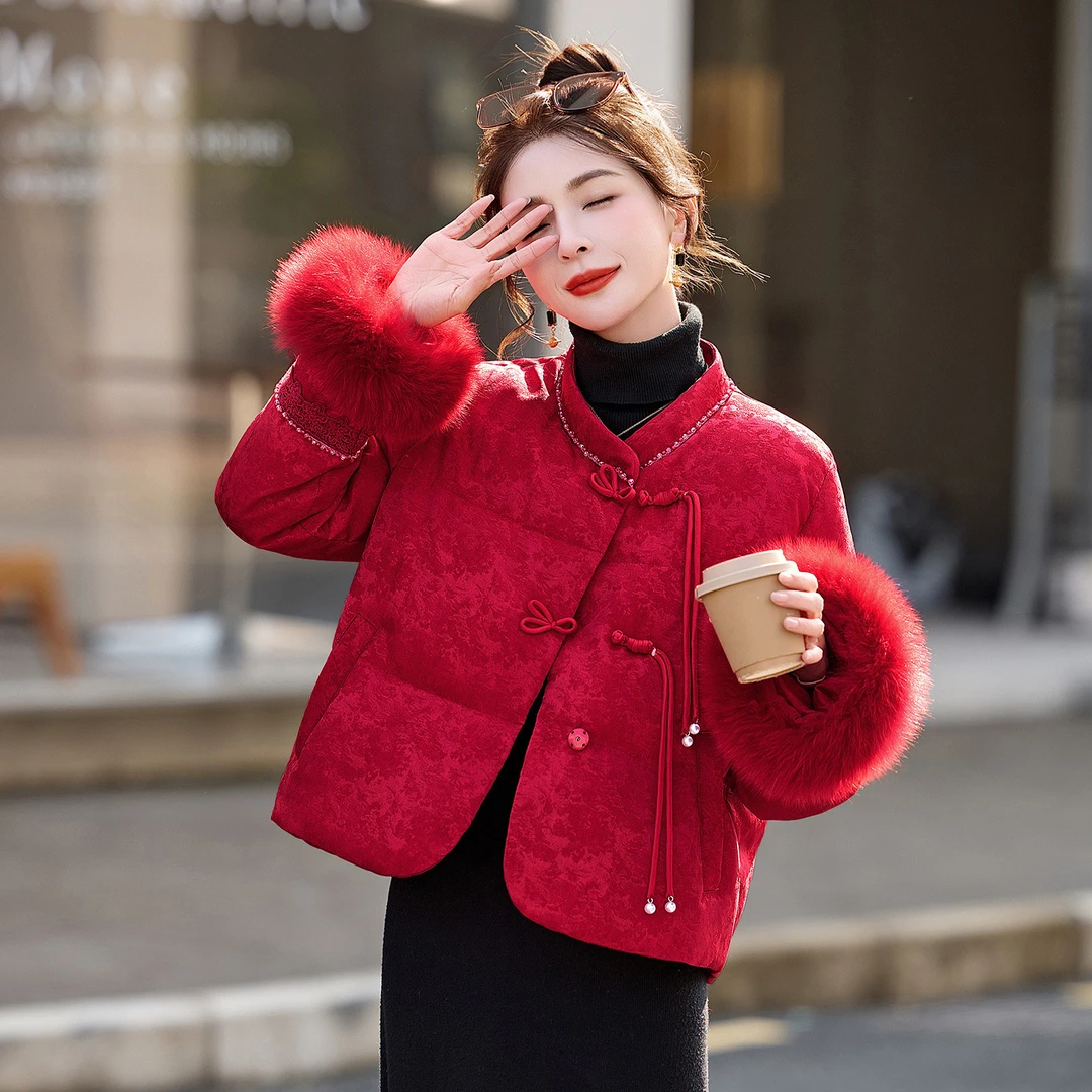 2025冬新品国风拼接袖口狐狸毛保暖舒适新中式女式羽绒服AH8186
