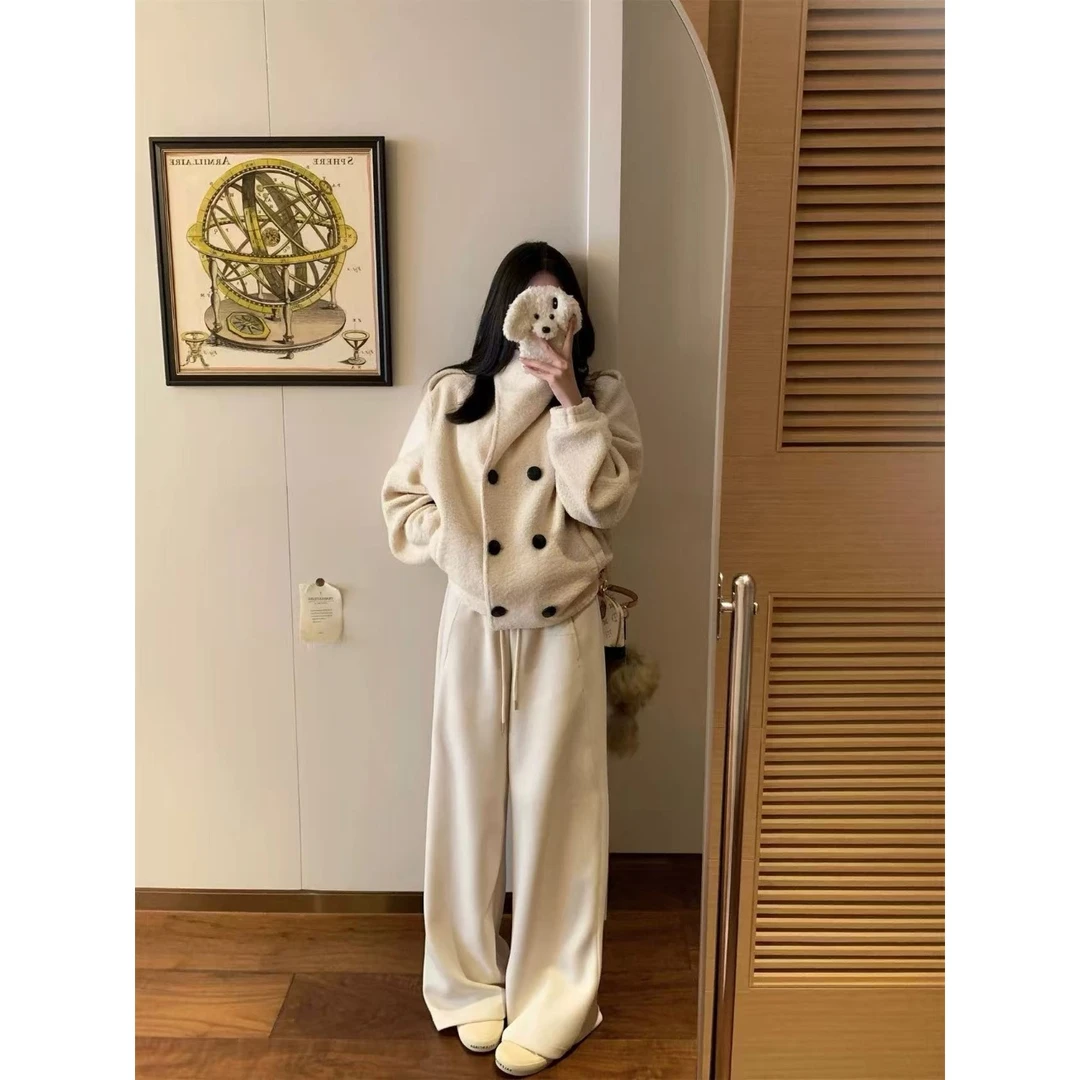 韩版秋冬季新款毛毛绒双排短款毛呢夹棉外套女温柔上衣  82149