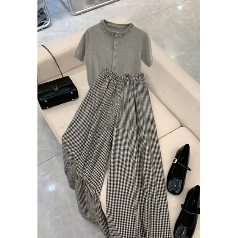 【现货】韩系氛围感穿搭夏季2025新款气质纽扣上衣休闲阔腿裤两件套