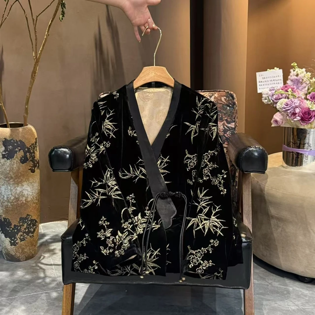 QNH-中古黑金真丝丝绒刺绣V领唐装