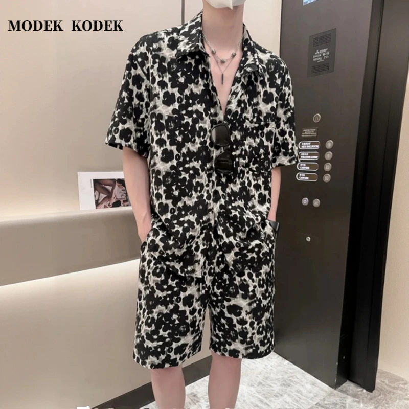 MODEK KODEK网红款潮牌印花短袖免烫衬衫男士休闲裤夏季薄款套装