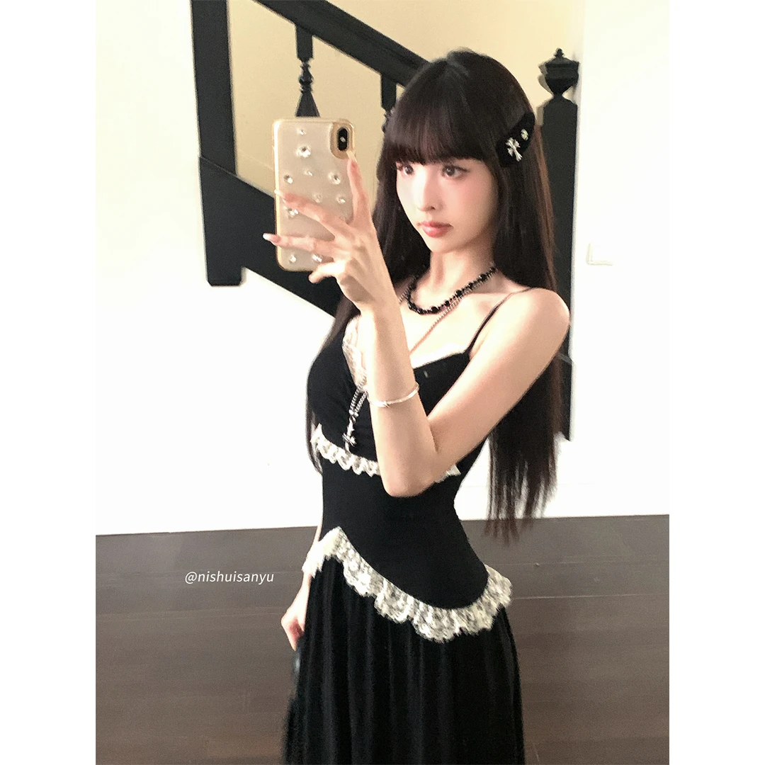 溺水三鱼【芭蕾黑巧】夏季纯欲高级感蕾丝拼接吊带连衣裙夏季长裙