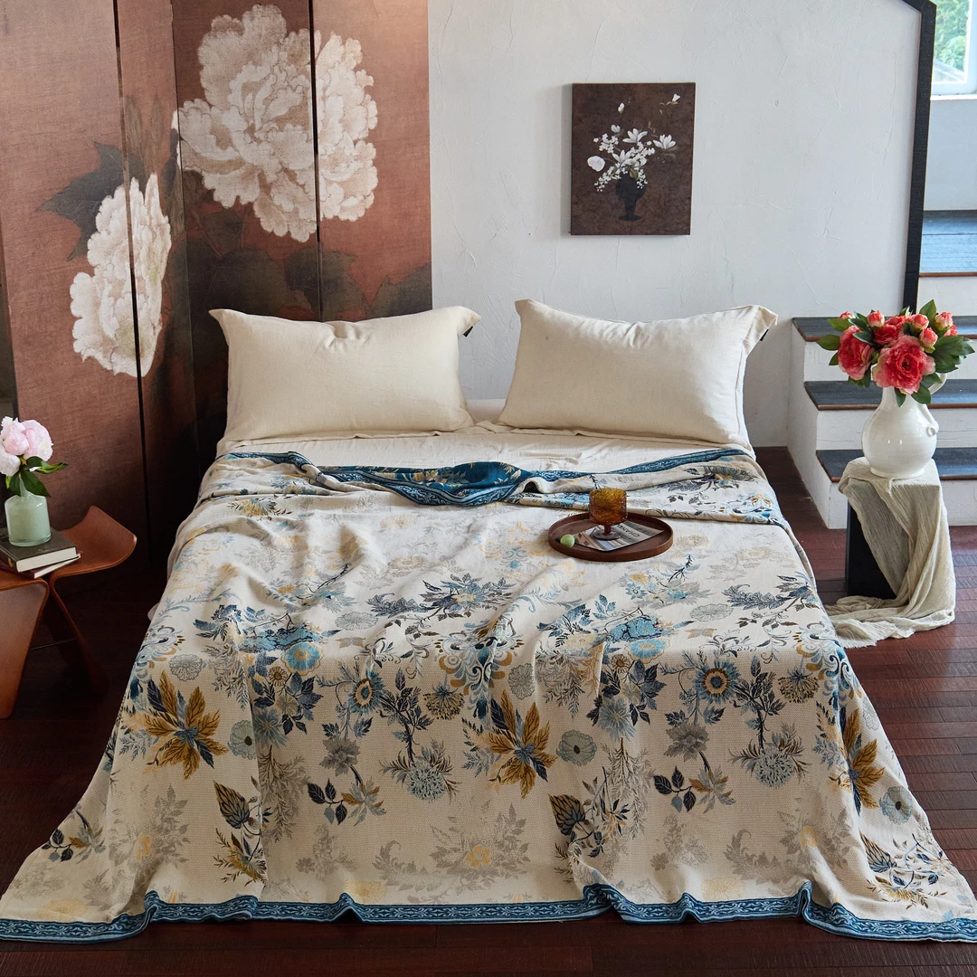 国宾伴手礼纱布床盖--万物生长蓝230*250