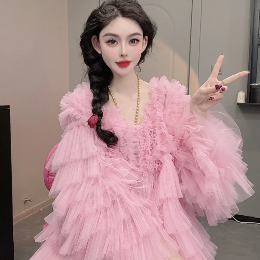 漂亮家「神仙姐姐」定制款层层褶皱网纱甜美长款开衫