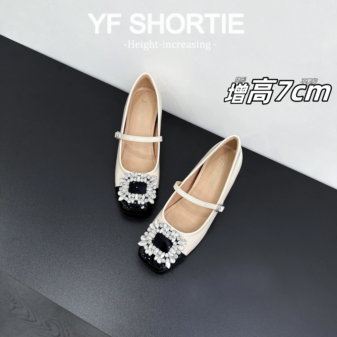 小个子增高7cm水钻方扣拼色单鞋女2025年新款小香风粗跟玛丽珍鞋
