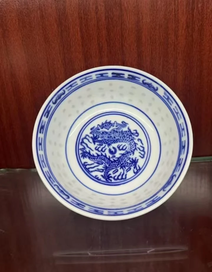景德镇老厂货库存 高温釉下青花龙纹玲珑碗家用实用型饭碗