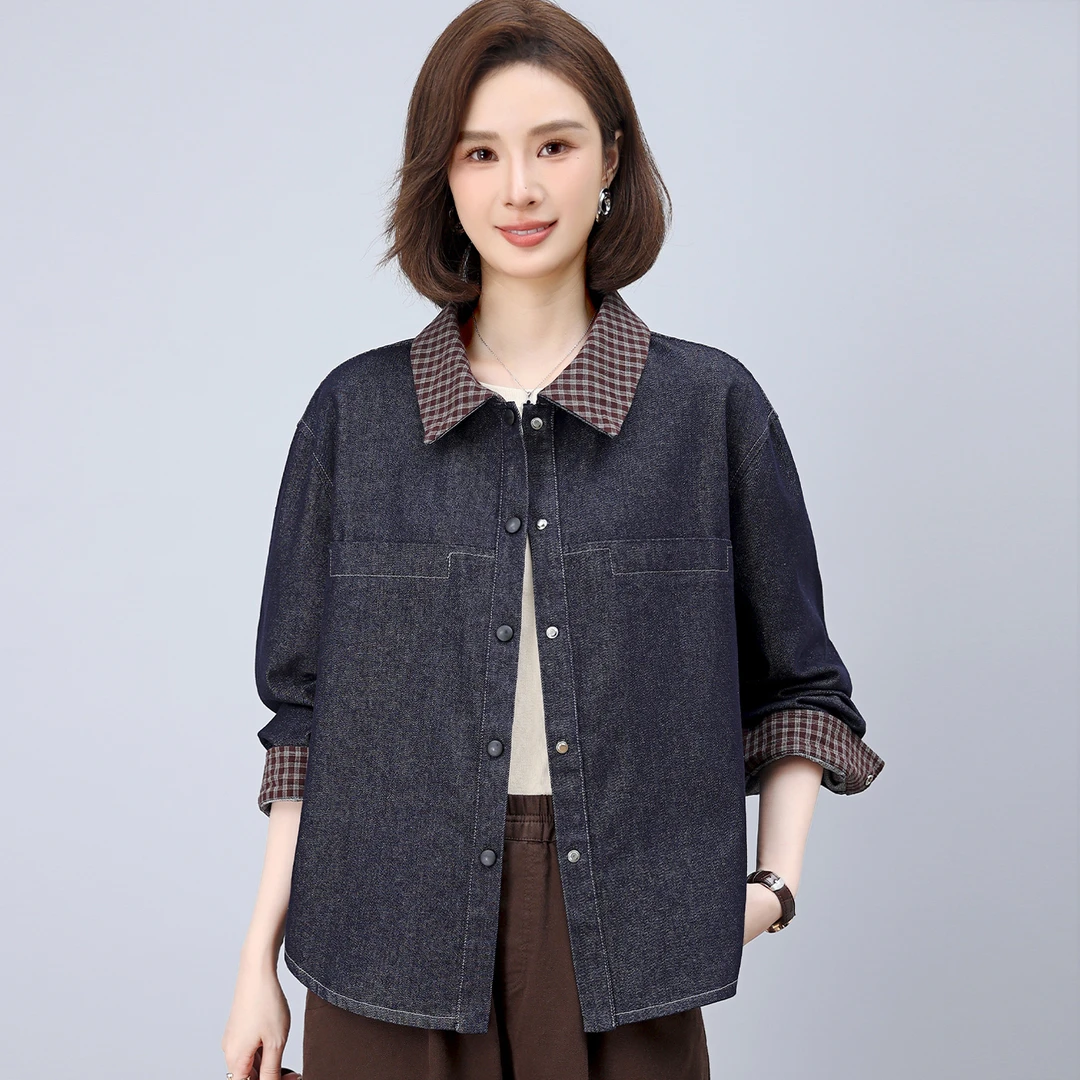 牛仔外套女春秋2025新款小个子洋气休闲宽松格子拼接翻领上衣夹克